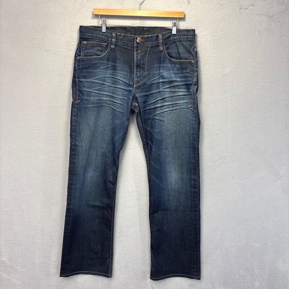 Monarchy Straight Leg Jeans Mens 34x32 Blue Studded Flap Pocket Whiskered Y2K